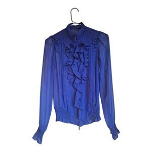 BISOU BISOU Sheer Purple Ruffle Front Full Zip High Neck Blouse Size XS